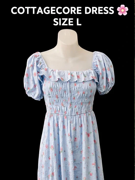 R Vivimos Blue Floral Cottagecore Dress Large 12 14 Milkmaid Puff Sleeve Smocked - Picture 2 of 9